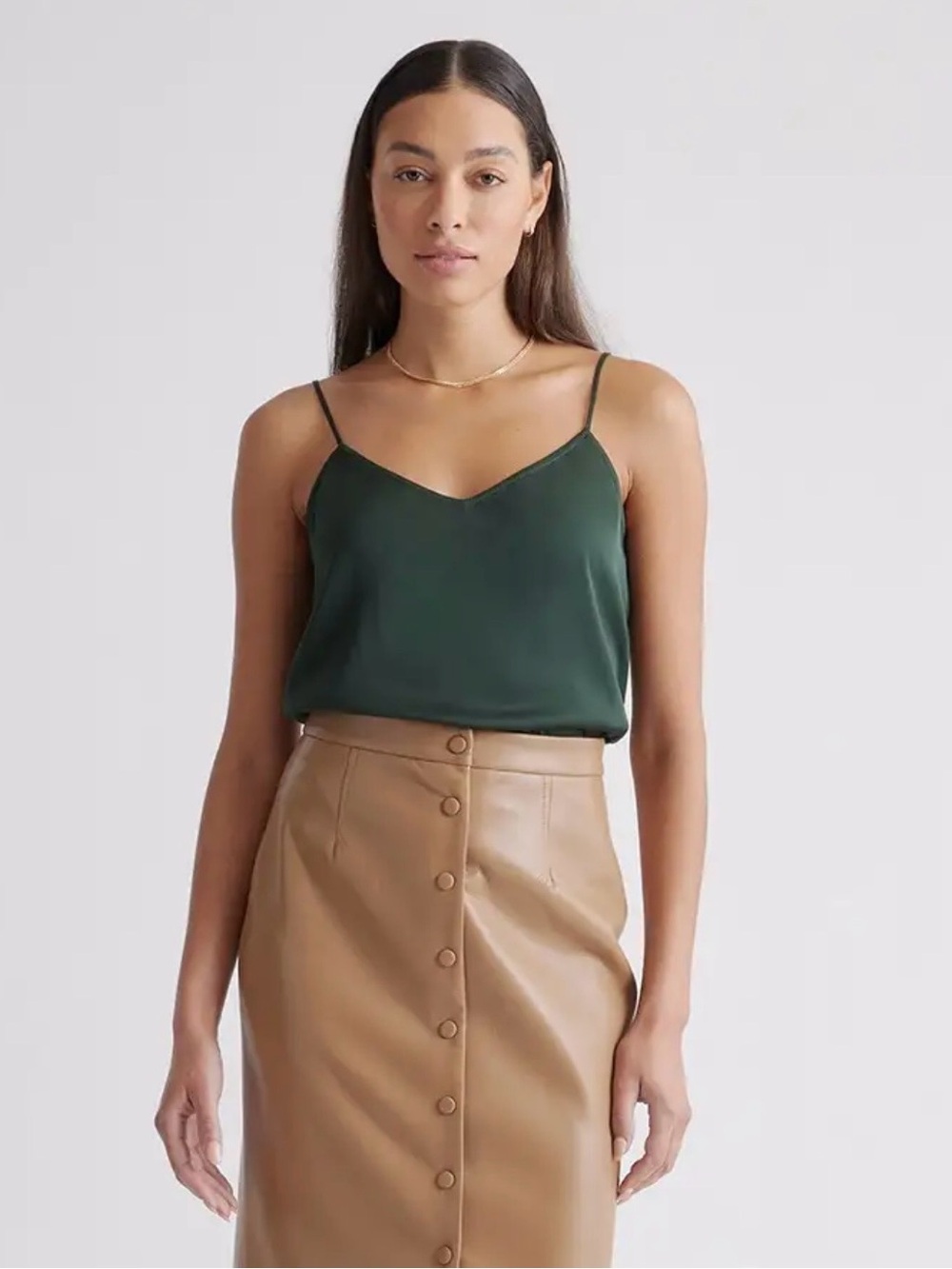 Quince Washable Stretch Silk V-Neck Cami in Forest Green, XS